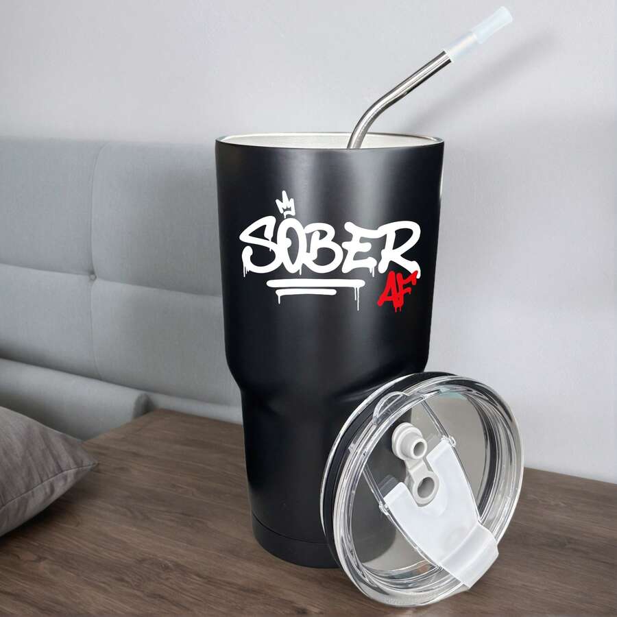 30oz Stainless Steel Tumbler Black White Options, Sober 4 Life Crown Design Graphic Cups, Insulated Travel Coffee Mug With Lid And Straw , Double Wall Vacuum Reusable Travel Cups, Funny Birthday Party Gift For Women & Men - 黑色 - 查看 1