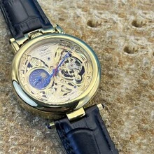 Reloj mecánico para hombre, movimiento grabado vintage, reloj mecánico totalmente automático y elegante, mecánico. - Correa de piel auténtica dorada y azul. - Ver 9