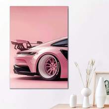 Tranh in trên vải canvas hình xe thể thao màu hồng cổ điển hiện đại - Không khung, cánh gió khí động học và vành xe màu trắng trên nền hồng nhạt, phong cách tối giản - Trang trí lấy cảm hứng từ xe hơi cho phòng khách, phòng ngủ - Tranh trang trí nhà cửa không khung. - A - Xem 5