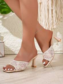 Women's Hollow Flower Decor Party Fashion Square Toe High Heel Sandals, Comfortable Breathable Mesh Slip-On Stilettos - Apricot - View 11