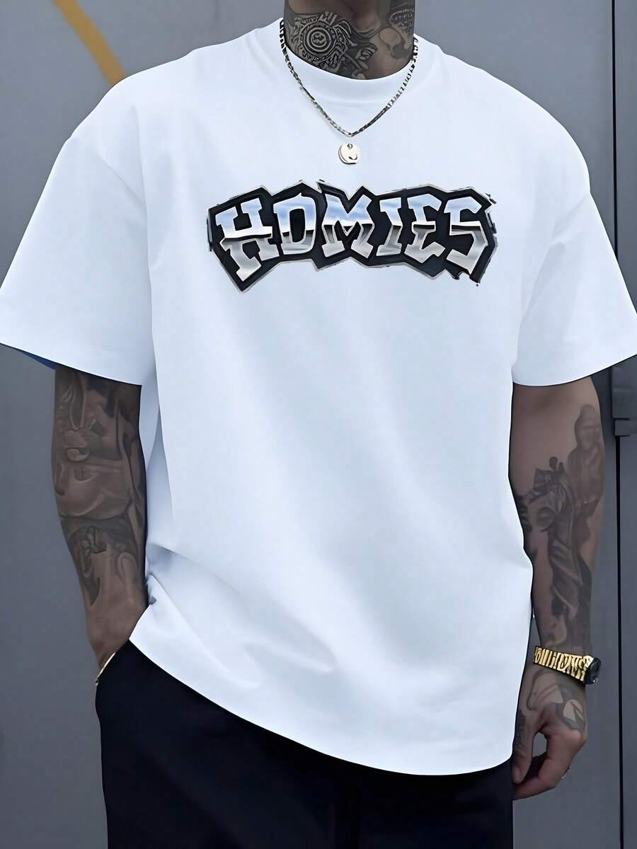 Homies Lettering Represents Camaraderie Loyalty And A Brotherhood Bond This Graphic Tee Is A Symbol Of Close Friendships And Shared Experiences Perfect For Everyday Wear 1Pcs Men's Casual 220g Tee - 白色 - 查看 1