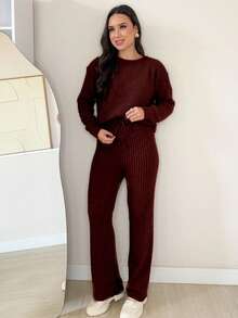 Women's Knit Set - Mousse Aerolook - Ribbed Knit Pants And Blouse - Winter 2025 - Burgundy - View 2