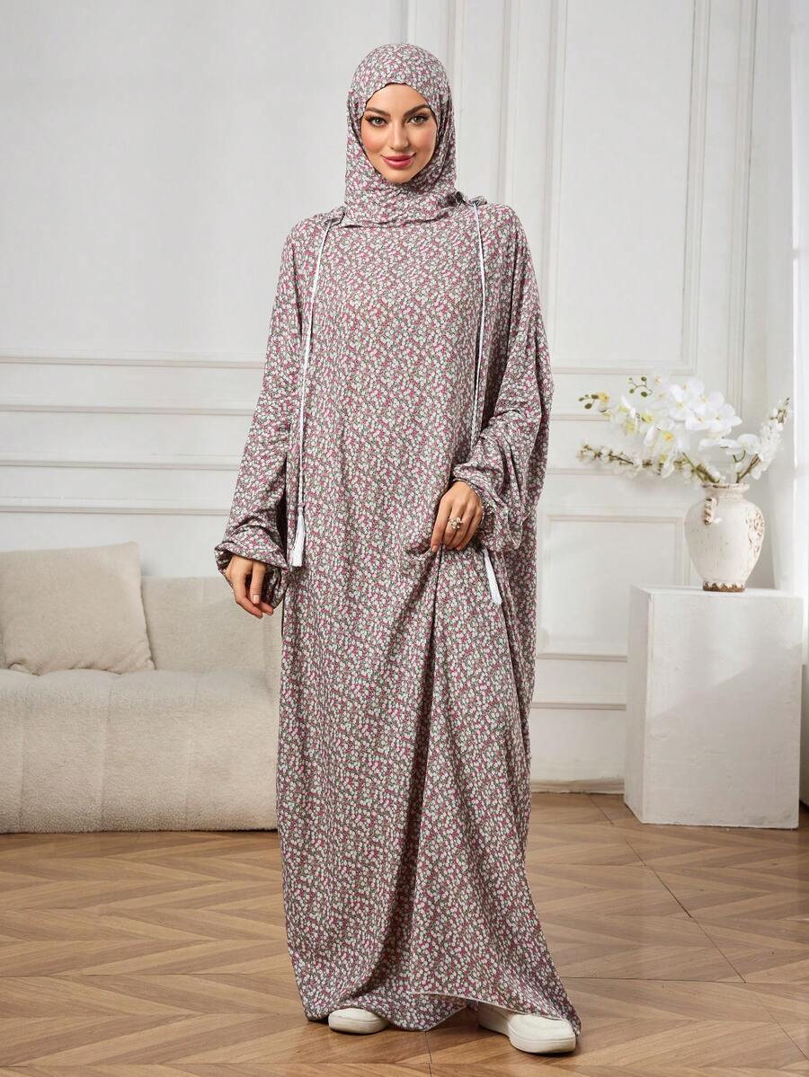 Áo Abaya có mũ trùm đầu họa tiết hoa nhí, dây rút tua rua, váy hijab dáng rộng, kín đáo, váy maxi tay dài in họa tiết, cỡ lớn. Áo choàng hoa nhí thoáng khí, mềm mại, trang phục hoa phổ biến ở Trung Đông và Đông Nam Á, áo choàng dài đi nghỉ mát mùa xuân. - Bụi tím - Xem 1
