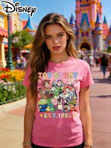 Disney Authorized Women's Casual Short Sleeve T-Shirt, Toy Story Themed, Double-Sided Print, Front With Character Collage, Back With "You've Got A Friend In Me", Breathable, Perfect For Daily Wear - 粉色 - 查看 8
