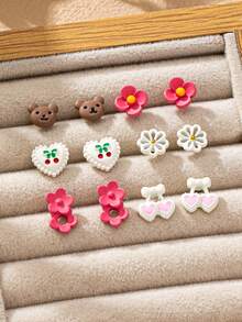 桃花粉熊耳钉套装 - 彩色 - 查看 5