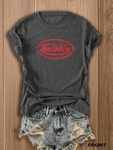 Double-Side 1pcs Women's Grey Crew Neck T-Shirt Vintage Streetwear Style Van Dutch Logo And Dragon Graphic Print Short Sleeve Summer Breathable Tee Ideal For Daily Wear Family Gatherings Summer Trips And Festive Occasions - 灰色 - 查看 2