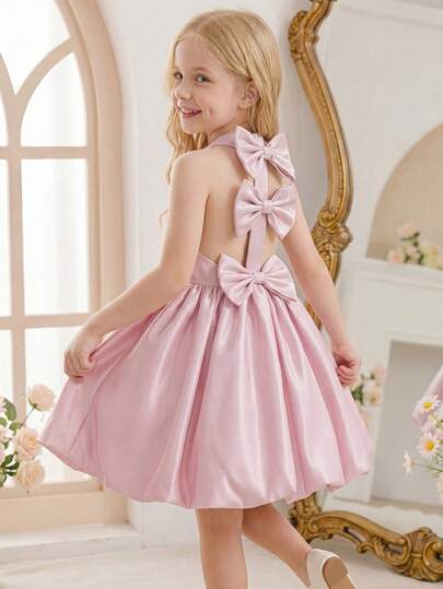Girls' Princess Dress, Girls' 4-8Y Sleeveless Halter Neck Bowknot Hollow Out A-Line Puff Skirt Elegant Princess Dress, Suitable For Holiday Performance, Birthday Party, Wedding Flower Girl, Festival Celebration, Photo Shoot, Vacation, Soft And Comfortable, Easy To Wear, Spring/Summer New Arrival