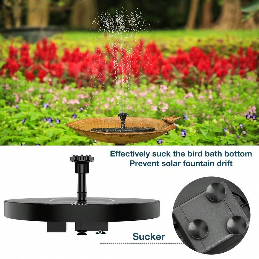 太阳能喷泉泵 – 1W/1.5W/2.5W 户外水景，配有 2 根延长杆和 8 个喷嘴，有线太阳能电池板，无需电池，耐用塑料圆形设计，适用于花园、池塘、露台、鱼缸 – 吸引鸟类、蜜蜂和蝴蝶 - 黑色 - 查看 1
