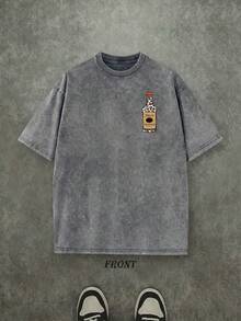 The New American-Style 100% Cotton T-Shirt Suitable For Both Men And Women. Features A Fun Retro "Show Me Your Titos" Drinking Vodka Alcohol Lover Cartoon Letter Pattern Print. It Has A Double-Sided Retro Distressed Pattern. This Is A Street-Style Korean Version That Is Comfortable, Retro, Fashionable, And Versatile For Casual Workwear, Suitable For Daily Commutes, Casual Outings, Music Festivals, And Daily Outfits. It Is A Regular Small-Scale Punk-Style Fitted Black Round-Neck Short-Sleeved Washed T-Shirt From The Washed-Out Retro Series. It Is A Comfortable 100% Cotton T-Shirt From The Washed-Out Retro Series, Easily Creating Retro Casual Outfits. It Is Suitable For Daily Commutes, Casual Outings, Music Festivals, And Daily Wear. It Features Classic Retro Style. Men's Printed T-Shirt, Women's Printed T-Shirt. - Grey - View 2