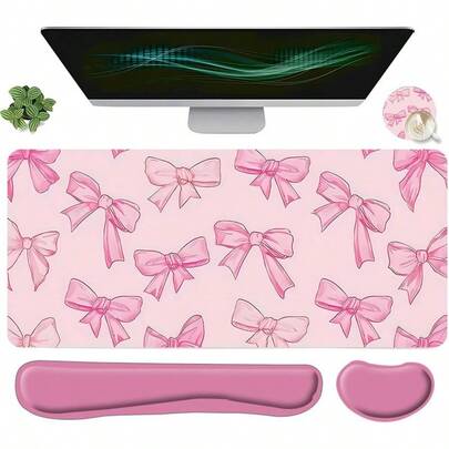 4pcs Kawaii Pink Bow Design Mouse Pad + Keyboard Wrist Rest + Ergonomic Mouse Pad + Coaster Set For Desktop Decoration, Office Accessories Set Ergonomic Wrist Support, Computer Mat Mouse Pad Coaster Suitable For Home Office Gaming