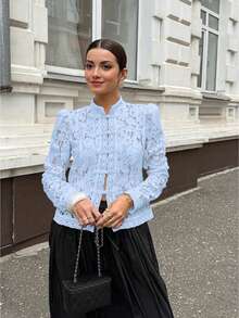 Women's Elegant White Semi-Sheer Blouse With Stand Collar And Long Leg-Of-Mutton Sleeves Regular Fit Button Details Woven Fabric Non-Stretch Top - Baby Blue - View 7