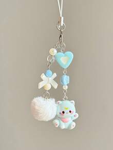 Cute Cat Element 1pc Cute Cartoon Cat Charm Heart & Bow Beaded Phone Strap Personalized CCD Camera Accessory Spring Birthday Gift - Multicolor - View 4