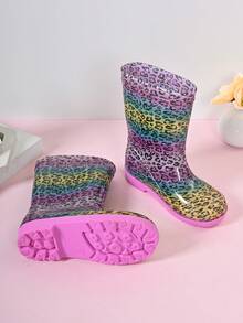 Sepatu Bot Anak Motif Leopard Pelangi Setinggi Betis, Sepatu Bot Hujan Modis yang Lucu - Purple - View 7