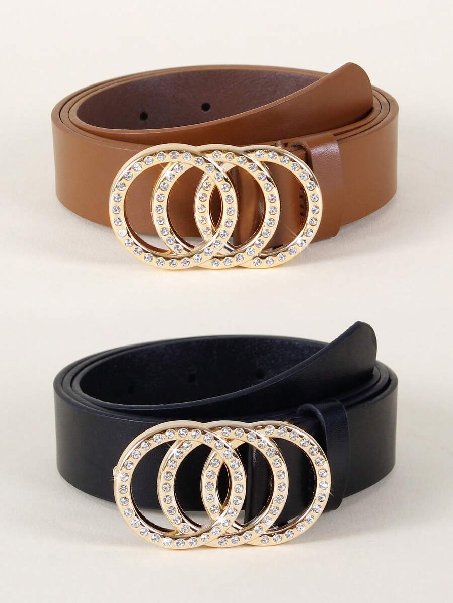 1条女士金色水钻三环扣腰带，适合搭配毛衣、外套、连衣裙、牛仔裤、长裤等日常服饰。 - A - 查看 1