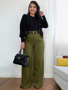Solid Black High-Waisted Wide-Leg Pants 1pc Elegant Office Casual Loose Fit Chic For Daily Work Date All Seasons - Army Green - View 4