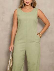 Elegant Linen Jumpsuit With Wide Legs And Discreet Pockets. - Sage Green - View 3