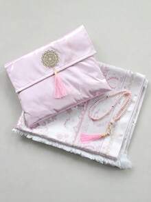 1 طقم من 3 سجاد صلاة حرير مع شرابات، سجادة سفر محمولة 70*110 سم، صناعة راقية، خفيفة الوزن وسهلة الحمل، تصميم شرابات فاخر للسفر - 70*110 سم - مشاهدة 14