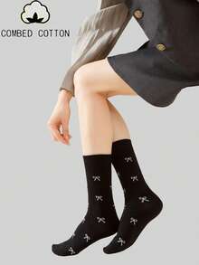 Combed Cotton Bow Tie Crew Socks, Rhinestone Ribbed Socks, 1/3/5 Pairs Cute Girl Socks - Multicolor - View 3