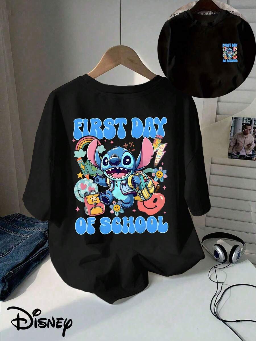 Camiseta extragrande de Disney Lilo & Stitch para el primer día de clases: camiseta negra de algodón de corte holgado con estampado escolar a doble cara, perfecta para la vuelta al cole, para uso casual y para los fans de Stitch. Regalo ideal. - Negro - Ver 1