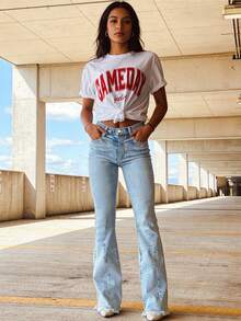 Women's High Waist Elastic Denim Flare Pants, Light Color Distressed Hem, Casual Street Style For Summer Spring - Light Blue - View 4