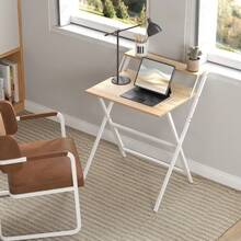 70 Cm Folding Computer Desk With Monitor Shelf - Natural Wood Finish - Natural Wood - View 8