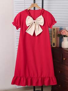 Cute & Comfortable V-Neck Bowknot Girls' Nightgown, With Pleated Collar Design And Fashionable Bow Decor. Soft Fabric, Easy To Put On And Take Off, Suitable For Spring, Summer And Autumn Wear, Also An Ideal Gift For Daughter On Valentine's Day - Red - View 3