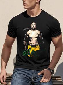 Figura masculina de cuerpo atlético con pantalones amarillos que simboliza fuerza superación y espíritu guerrero con firma artística que resalta la energía del combate y la confianza personal camiseta de hombre moderna cómoda para uso diario y actividades casuales - Negro - Ver 8