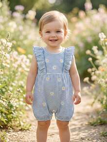Infant Baby Girls Rompers Daisy Embroidery Stripe Crew Neck Ruffles Fly Sleeve Waffle Infant Bodysuits Jumpsuits - Azul - Ver 4