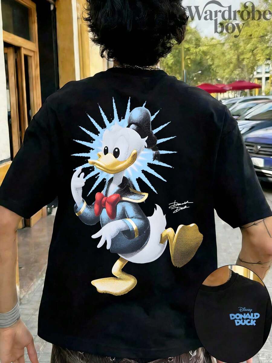 Disney Printed T-Shirt,Disney Afro Duck Print  T-Shirt, Disney Cartoon T-Shirts, Unisex,High-Quality Pure Cotton T-Shirt,Suitable For All Seasons, Comfortable And Breathable| Exquisite Design | The Best Choice For Giving Gifts - 黑色 - 查看 1