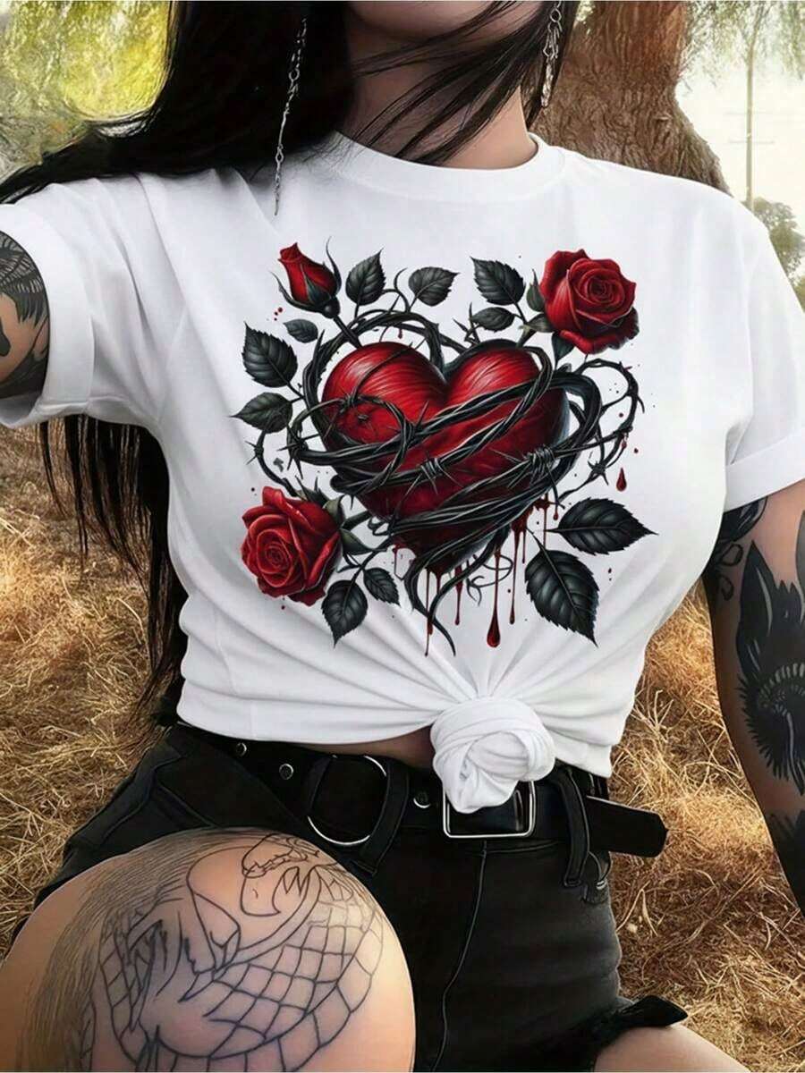 Women's Gothic Rose T-Shirt With Batwing Sleeves, Thorn Rose Print, Red Round Neck, Short Sleeve Top, Medium-Stretch Fabric, Suitable For Daily Wear, Spring/Summer Layering, Or Halloween Costume, Machine Washable Gothic Tee, Free Shipping,  Clothes For Women, Summer Tops For Women, Cotton Women's Clothing. - 白色 - 查看 1