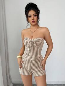 Women's Apricot Striped Elegant Casual Y2K Sexy Tie Front Bow Knot Tube Top And High Waist Shorts 2 Pieces Set, Beach Vacation, Party Spring Break Festival Season Summer Spring Outfits Co-Ord Set - Apricot - View 5
