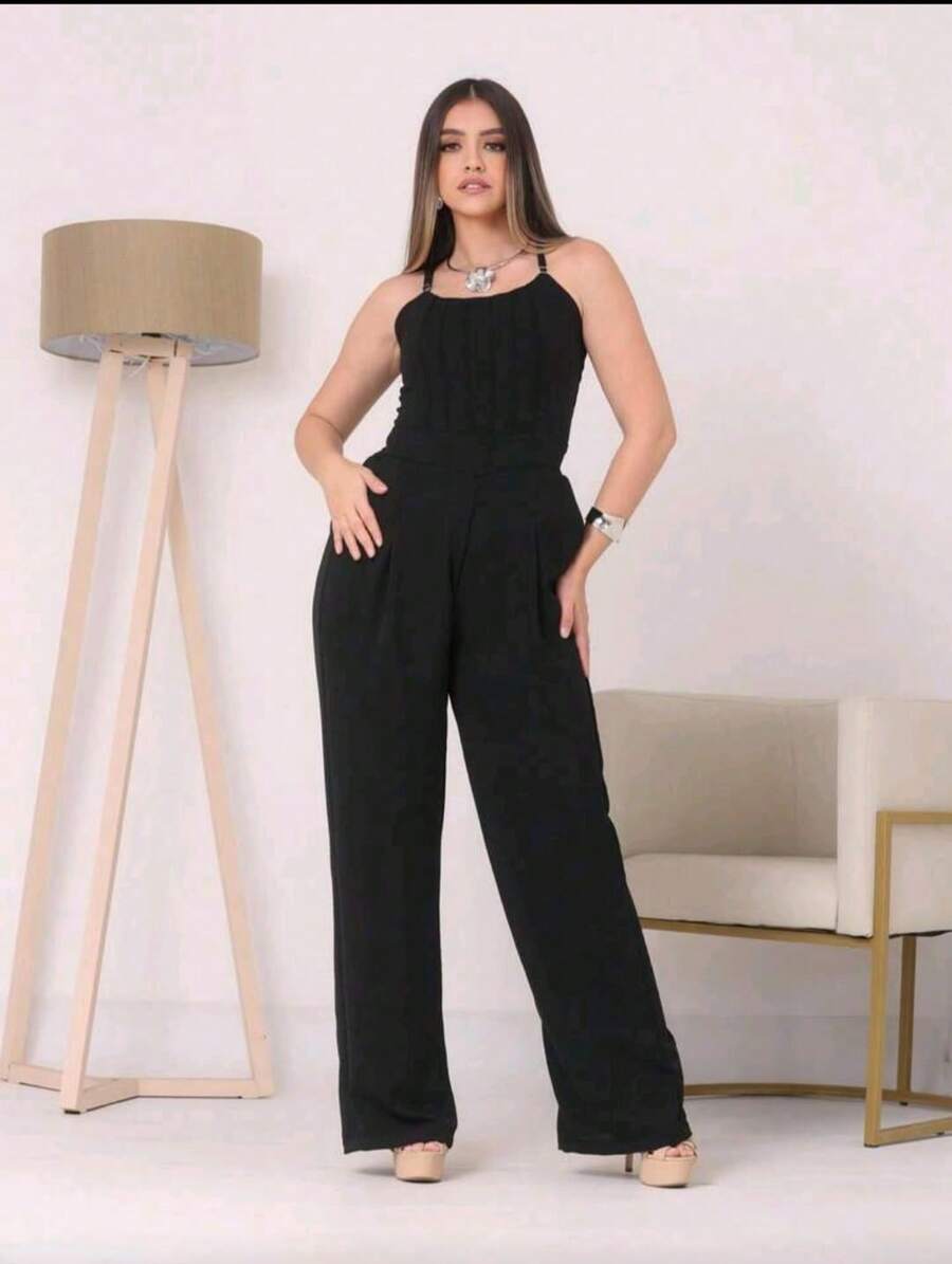 Women's Long Jumpsuit, Luxury Comfortable Pantaloons (Fits 36 To 44) Duna Fabric - 黑色 - 查看 1