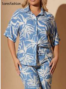 Conjunto MujerCamisa de Raso Manga Larga Cuello Clásico con Botones y Pantalón Ancho de Satén Estampado Tropical Marrón Combinado Elegante Femenino Chic Moda Playa Vacaciones Outfit Casual Formal Oficina Fiesta Look Sofisticado Tela Ligera Suave 96% Poliéster 4% Spandex Espalda Elástica Ajuste Cómodo Pierna Amplia Caída Fluida Conjunto Dos Piezas Dama Fashion Primavera Verano  México Ropa Mujer Moderna Estilo Europeo Americano No Estirado Diseño Exclusivo Impresión Variable Outfit Tropical Glam Street Style Combinable con Sandalias Tacones Sneakers Ideal Clima Calor Nuevo Lanzamiento Alta Calidad - Celeste - Ver 4