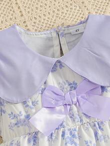 Summer Sweet Girls' Dress, Collar Lantern Sleeve Design, Floral Print Pattern, Bow Decor, Casual Fashionable Cute Girls' Dress, Suitable For Party, Dance, Daily Wear, Gift - Mauve Purple - View 3