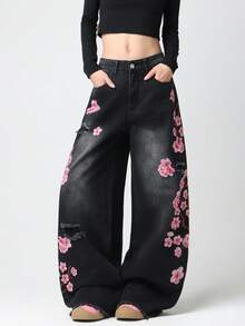 1 chiếc quần jeans ống rộng nữ rách thêu họa tiết, kiểu dáng thoải mái, năng động, phù hợp với mọi mùa (không bao gồm thắt lưng/phụ kiện) Thích hợp cho kỳ nghỉ - màu đen - Xem 3