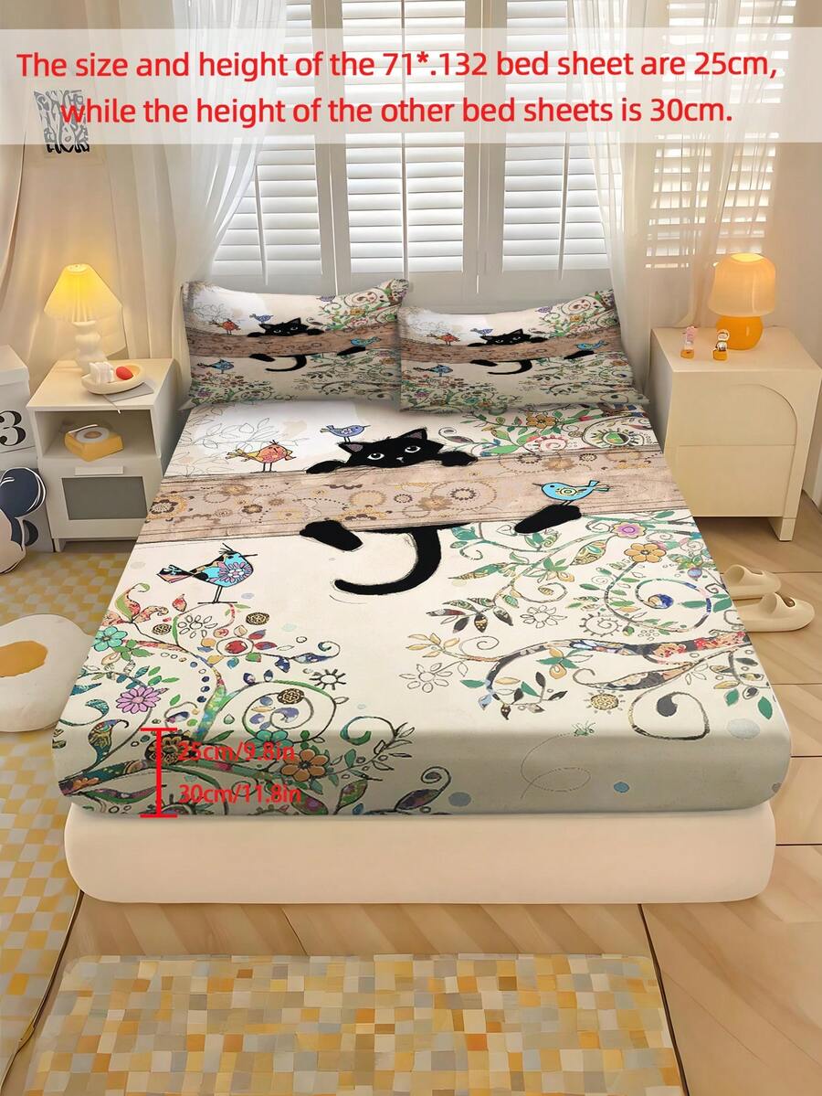 Bộ ga trải giường họa tiết mèo 2/3 món, bao gồm khung leo trèo, chất liệu polyester, ga trải giường in kỹ thuật số, thích hợp cho phòng ngủ trẻ em, phòng khách, quà tặng ngày lễ, trang trí phòng, sử dụng được quanh năm, kèm 1/2 vỏ gối. - Nhiều màu - Xem 1