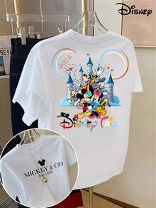 Disney Printed T-Shirt 2026 Family Vacation Theme, Double-Sided Print Featuring The Classic Disney Castle Along With Popular Characters Like Mickey, Minnie, Donald Duck, Daisy, Goofy - trắng - Xem 1