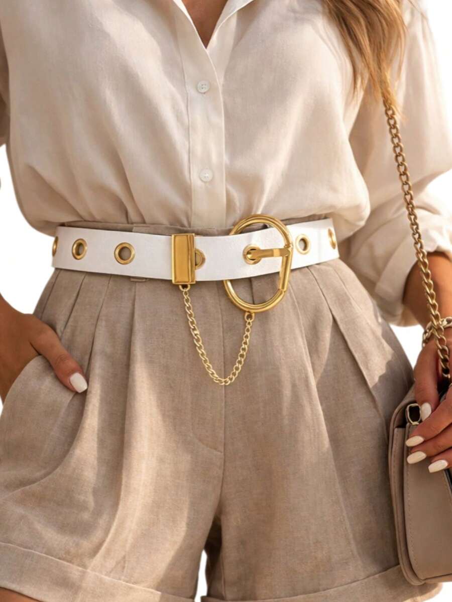 Women's Belt With Chain Buckle - White - View 1