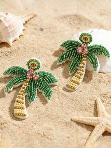 1 par de pendientes con forma de árbol de coco verde fresco estilo playa para vacaciones de verano, pendientes bohemios hechos a mano con cuentas de semilla creativos y novedosos, adecuados para el uso diario y de vacaciones de las mujeres (el color, la cantidad y la posición de las cuentas de semilla hechas a mano son aleatorios) - Verde - Ver 5