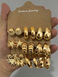 6/18pcs New Stylish Lightweight Multi-Element Earrings, Suitable For Daily Wear All Year Round, Thick Marine Series Earrings, Low Allergy For Women. Includes Starfish, Small Seashell, Five-Petal Flower, Small C-Shape, Medium C-Shape, Water Drop, Twisted C-Shape - Gold - View 7