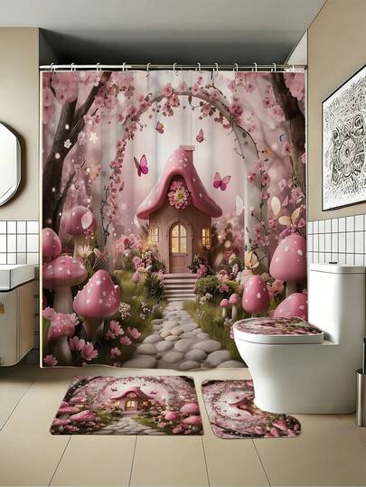 1/3/4pcs Wedding Season Mushroom Fairyland Bathroom Shower Curtain Set; Romantic Wedding Atmosphere, Gorgeous And Dreamy Fairytale Wedding Paradise; Wedding Theme, Wedding Celebration, Home Decoration, Bathroom Shower Curtain, Bathroom Set, Includes Shower Curtain And Bathroom Mat.