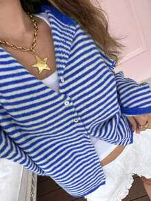 Vivid Style Autumn/Winter New Women's Fashion Street Style Loose Striped Knit Cardigan, Suitable For Street, Airport, Christmas, New Year - Xanh và trắng - Xem 4