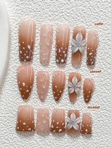 10Pcs Polka Dot Atmosphere Style Handmade Press On Nail,Polygel Nail Set,Five Petaled White Camellia,Polka Dot,Light Brown Nail Polish,Romantic Style,Includes Nail Tools,3 Sizes Available,Almond,Duck,Coffin Nails For Party,Dance,Daily Wear. - 彩色 - 查看 1