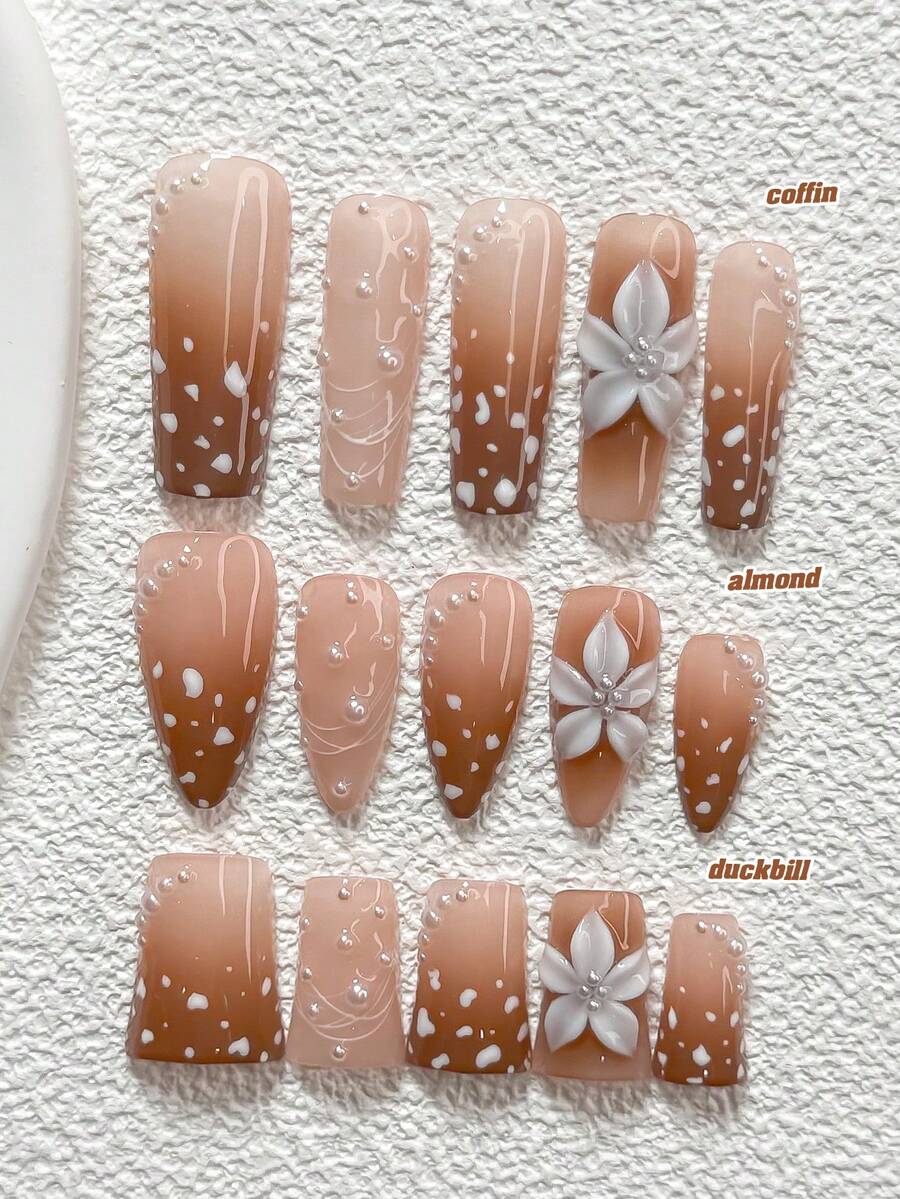 10Pcs Polka Dot Atmosphere Style Handmade Press On Nail,Polygel Nail Set,Five Petaled White Camellia,Polka Dot,Light Brown Nail Polish,Romantic Style,Includes Nail Tools,3 Sizes Available,Almond,Duck,Coffin Nails For Party,Dance,Daily Wear. - 彩色 - 查看 1