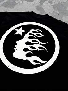 O&M Studio - Vintage Streetwear 180g T Shirt 1pcs Retro Graphic 100% Cotton Y2K Swag Men Clothes, Double Sided Star And Flame Graphic TShirt, Cosmic Style Digital Printed T Shirt Gifts For Men - màu đen - Xem 3