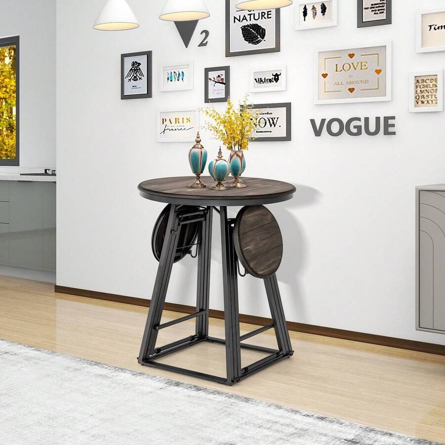 COSTWAY 3-Piece Round Table And Stool Set, Bar Table With 2 Foldable Stools, Heavy-Duty Steel Frame, Modern Table And Chairs Set For 2, Dining Set For Small Space, Apartment, Kitchen, Dining Room, Grey - Grey - View 1