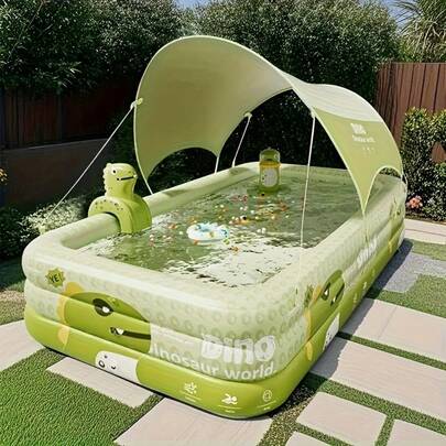 1pc Large Green Dinosaur Themed Inflatable Pool - Durable PVC Material, Foldable & Portable, Suitable For Family Water Fun And Backyard Parties | Dinosaur Themed Outdoor Activity Inflatable Pool