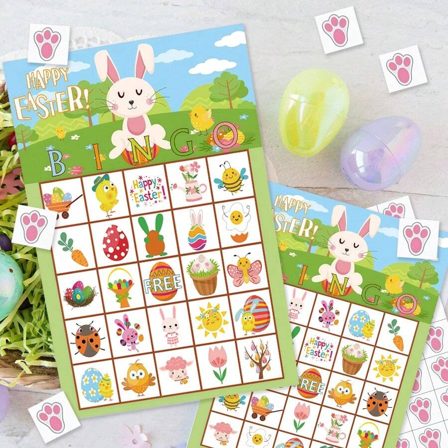 33 de cărți de joc Bingo de Paște din hârtie de 5x7 inch - Set de petrecere cu tematică de iepure și ou, potrivit pentru 24 de jucători, Set de jocuri de societate, Cărți de joc pentru petrecere, Potrivit pentru activități în familie și în clasă, Vânătoare de ouă de Paște și sărbători de sărbători, Consumabile pentru petreceri de Paște de primăvară - A - Vizualizare 1