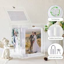 Rotating Acrylic Wedding Card Box With Photo Frame - 11" Clear Money Gift Holder With Lock For Reception, Baby Shower, Graduation Party Decor (9.1x8.7x11 In) - 丙烯酸纖維 - 查看 5