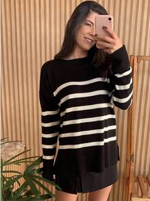Striped Long-Sleeved Knit Sweater Top, Warm And Comfortable. - Black - View 7